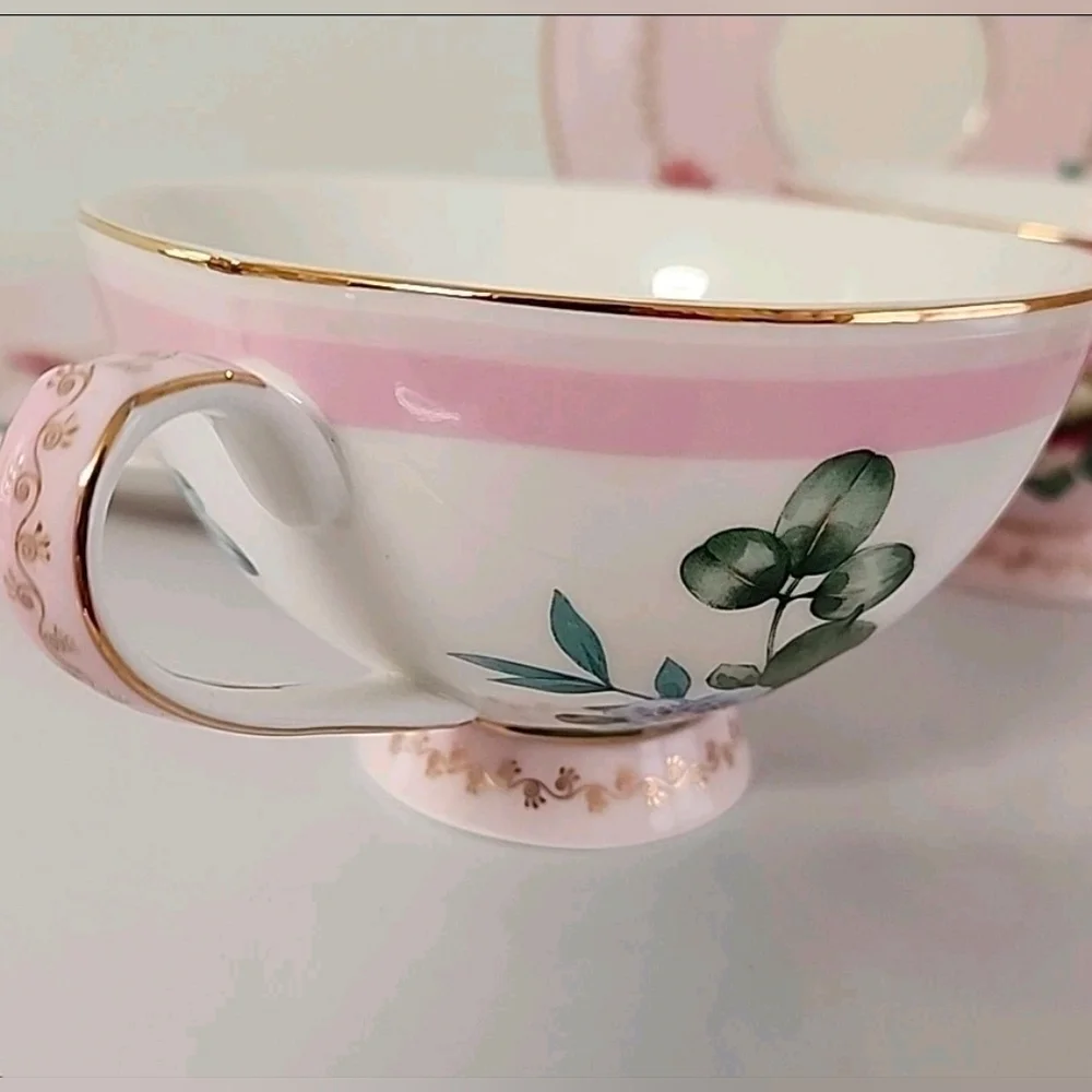 Grace Teaware Pink Floral Tea Cup Saucer Set 2 Cottagecore Gold Gilt Tea Party